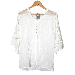 Johnny Was 100% cupra rayon sheer white blouse with eyelet sleeves size XS